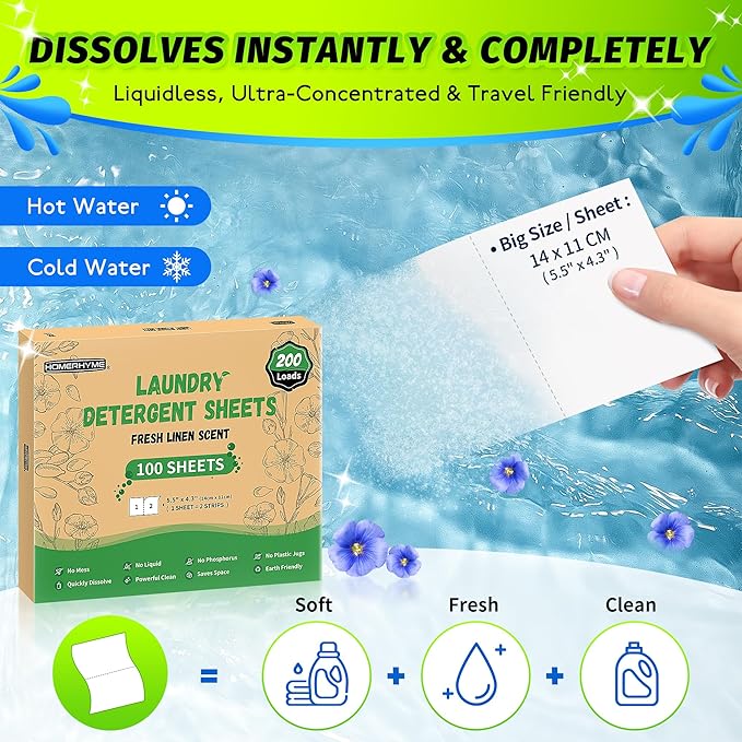 HOMERHYME Laundry Detergent Sheets - Fresh Linen Scent, 200 Loads (100 Sheets), Plastic Free Laundry Sheets for Travel, Dorms, Home, Apartments, Eco & Hypoallergenic