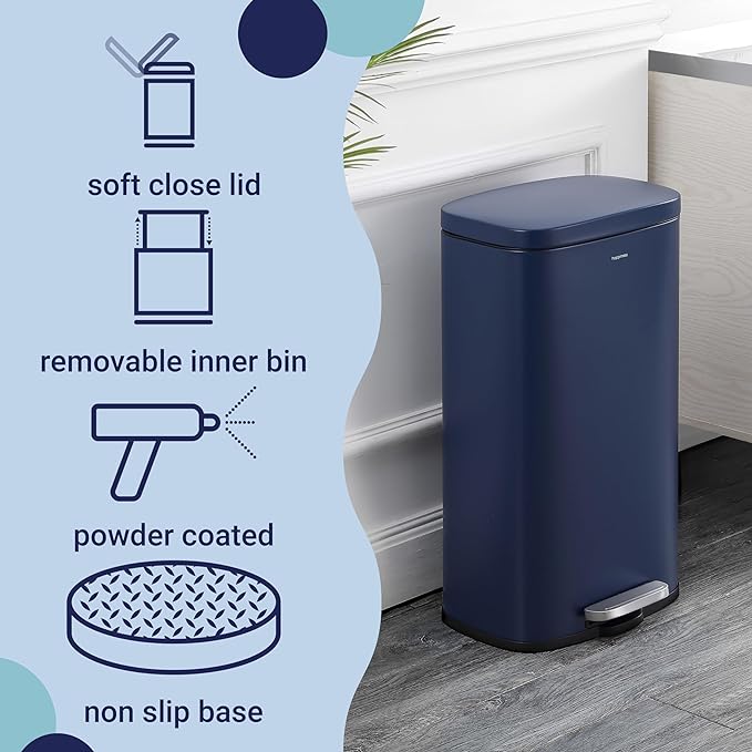 happimess HPM1011E Curtis 8-Gallon Step-Open Trash Can, Fingerprint Resistant, Modern, Minimalistic for Home, Kitchen, Laundry Room, Office, Bedroom, Bathroom, Denim Blue