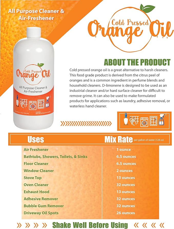 Premium Cold Pressed Orange Oil Concentrate- 16 oz (with D-Limonene), Concentrated Cold Pressed Orange Oil Cleaner - All-Purpose Citrus Cleaner and Degreaser Blend