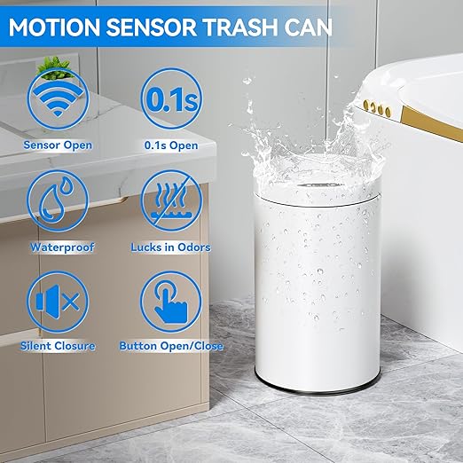 kaylowe Motion Sensor Bathroom Trash Can with Lid 4 Gallon Stainless Steel Garbage Cans Automatic Touchless Garbage Bin for Kitchen, Bedroom, Office, Living Room, White