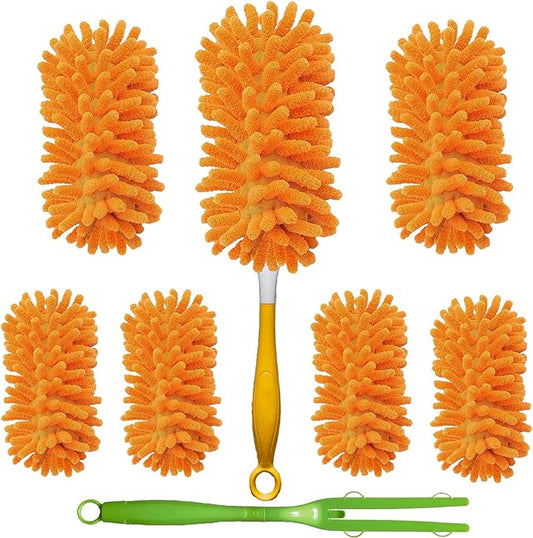 Duster Refill for Swiffer Duster, Reusable Duster Refill Compatible with Swiffer Hand Duster, 360° Heavy Duty Washable Microfiber Dusters for Cleaning, 6 Pack & 1 Handle, Orange