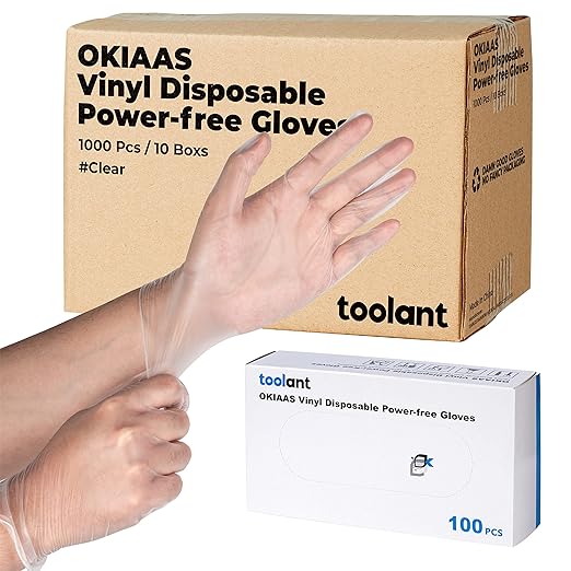 OKIAAS Disposable Gloves XL, Bulk of 1000 Pcs|Latex and Powder-Free Clear Vinyl Gloves for Household, Food Handling, Lab Work and more, 10 Dispenser Boxes