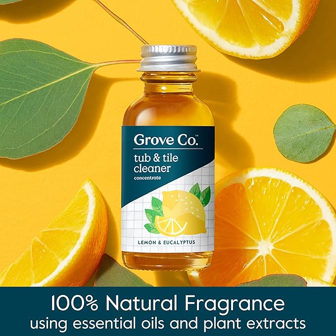 Grove Co. Tub and Tile Cleaner Refill Concentrate (2 x 1 Fl Oz) + 1 x Reusable Glass Spray Bottle (16 Oz) Plant-Based Cleaning Supplies Bundle, No Plastic Waste, Lemon & Eucalyptus Scent