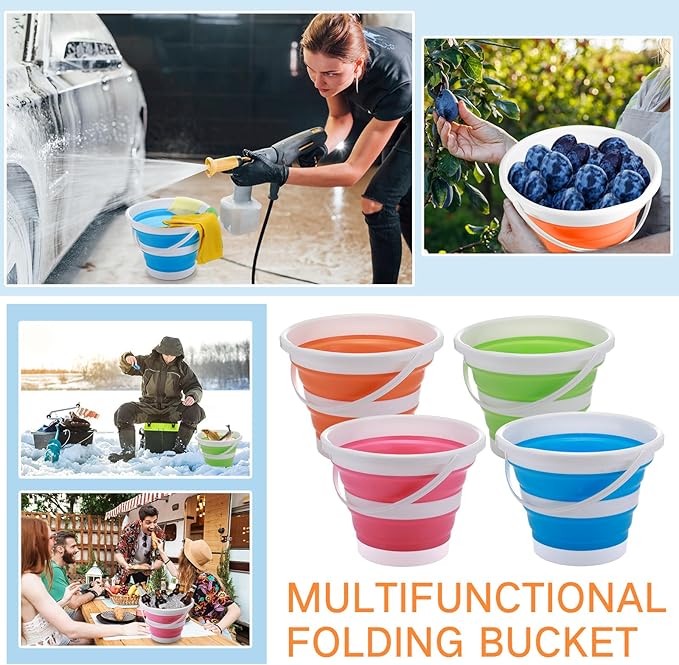 Pickmesh 4 Pcs Autumn Camping Collapsible Bucket, Small Cleaning Bucket with Handle 2.6 Gallon (10l) for Household Outdoor Car Washing Portable Camping Beach Sand Tub(Blue, Green, Orange, Pink)