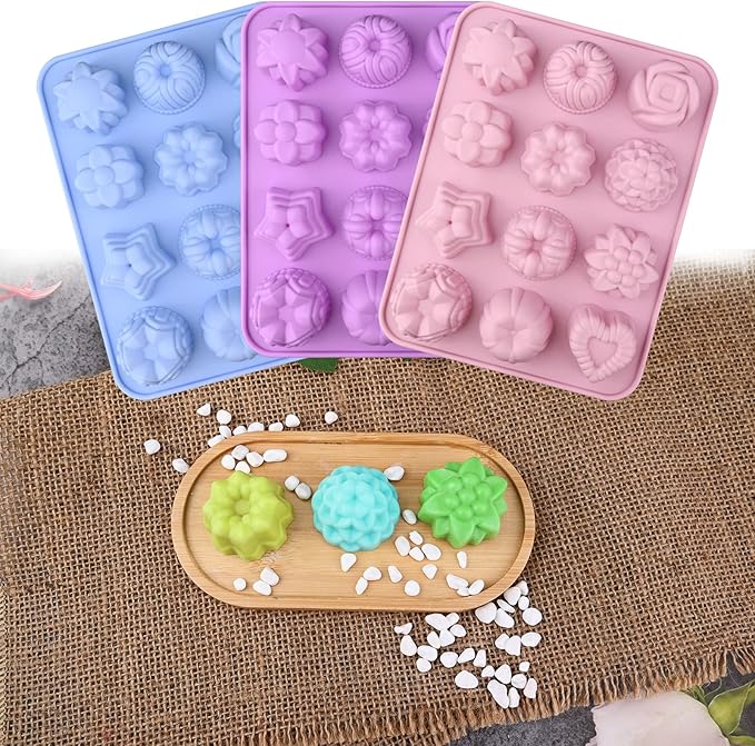 Sakolla 3 Pack Flower Soap Molds, 12 Cavities Different Shapes Silicone Molds for Soap, Lotion Bar, Bath Bombs, Chocolate, Candy