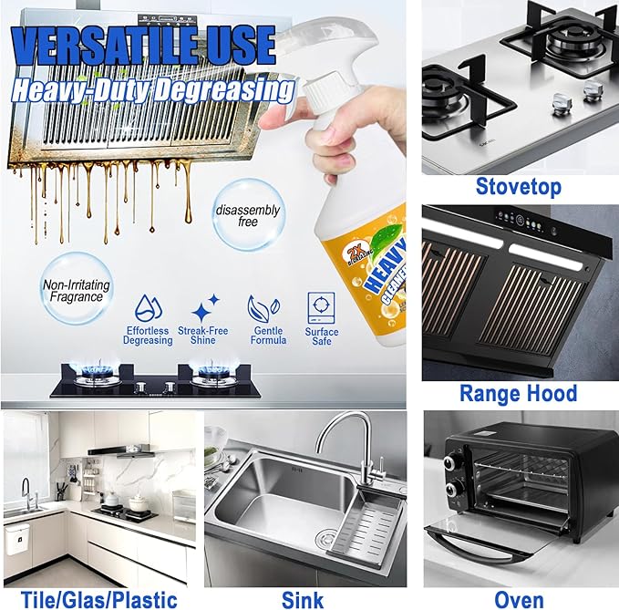 16.9 FL OZ Heavy Duty Kitchen Foam Cleaner - Multipurpose Degreaser Spray to Clean Up Kitchen Oil Stains, Grease & Burnt Residue on Pots, Pans, Ovens, Surfaces - Dual-Spray Nozzle, No-Rinse Formula