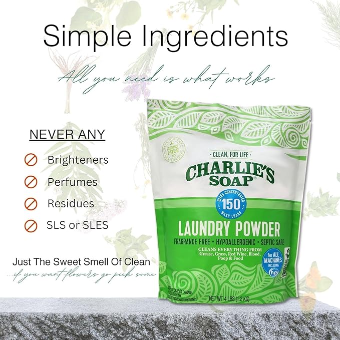Charlie’s Soap Laundry Powder New (150 Loads, 1 Pack) Fragrance Free Hypoallergenic Plant Based Deep Cleaning Laundry Powder – Biodegradable Eco Friendly Sustainable Laundry Detergent