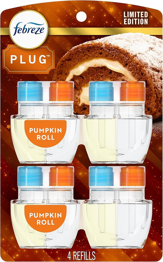 Febreze Plug In Air Freshener, Odor-Fighting Scented Oil Refill, Pumpkin Roll Scent, 4 Refill