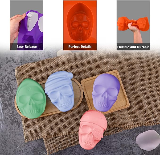 Moukiween 3D Large Skull Soap Silicone Molds Set of 2 Halloween DIY Resin Craft Silicone Mold Chocolate Bomb Ice Cubes Cake Baking Molds