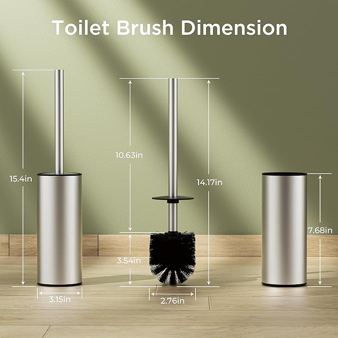 Toilet Brush and Holder Set, Toilet Bowl Brush with Heavy Duty 304 Stainless Steel Base and Extra Long Handle, Toilet Bowl Cleaners Brush for Bathroom (Stainless Steel)