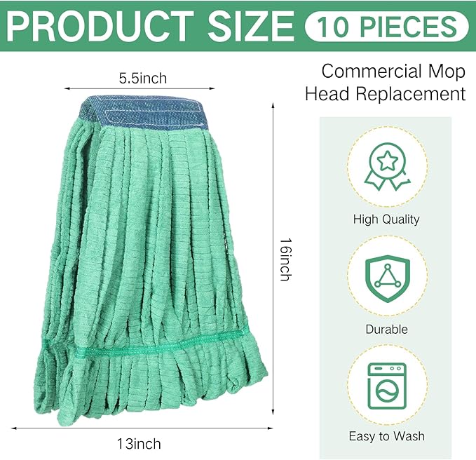 Lallisa 10 Pcs Commercial Mop Head Replacement Tube Microfiber Mop Heads for Floor Cleaning Industrial Mop Heads Looped End Wet Mop Head Refill for Home Commercial Industrial Use (Green,18 oz)