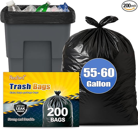 55-60 Gallon Black Trash Bags 200 Bags by RayPard Extra Large Multi-Use Heavy Duty Commercial Garbage Bags, Lawn And Leaf Bags, Outdoor Yard Waste Bag, Contractor Workshops Trash Bin Liner