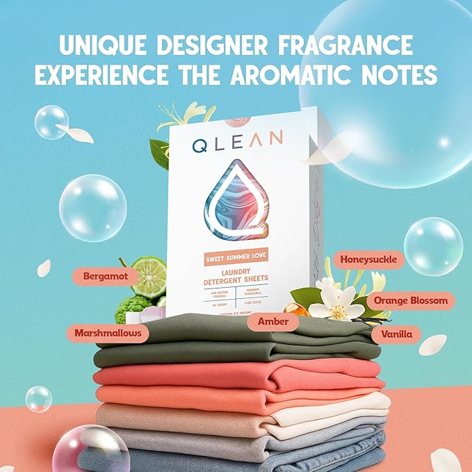 QLEAN Laundry Detergent Sheets (Travel Size 40 Loads) – Travel Laundry Detergent Sheets, Eco-Friendly Laundry Soap, HE & Standard Washer Safe, Stain Remover, Skin-Friendly - Sweet Summer Love