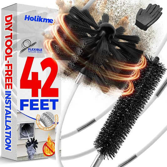 Holikme 42 Feet Dryer Vent Cleaner Kit - Lint Remover,Flexible Lint Brush with Drill Attachment, Fireplace Chimney Brushes for Easy Cleaning, Extends Up to 42 Feet, Use with or Without a Power Dril