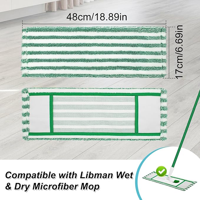 Microfiber Mop Pad Refills Compatible with Libman Wet & Dry Microfiber Mop,Reusable Mop Head Replacement for Multi Surface Floor Wet/Dry Cleaning,2 Pack Microfiber Dust Mop Pads Refills,Green/White