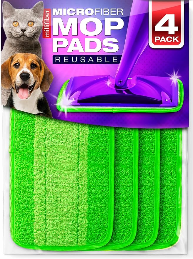 Reusable Mop Pads Compatible with Swiffer WetJet (4 Pack) - Microfiber Mop Refill for Wet Mopping Cloths - Hardwood Floor Cleaning Spray Pads Reusable Replacements - Green
