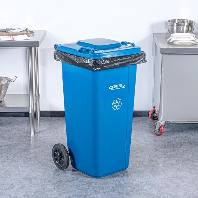 Clean Tek Professional 32 Gallon Trash Can With Wheels, 1 Garbage Can With Lid - Step-On Attachment Sold Separately, Rectangle, Blue Plastic Dustbin, Long-Lasting, For Outdoor - Restaurantware