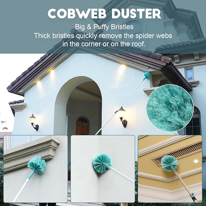 20 Foot High Reach Duster Kit with 5-12FT Extension Pole High Ceiling Dusting and Window Cleaning Kit with Telescopic Pole Window Washer&Squeegee,Cobweb Duster,Fan Duster and Feather Duster