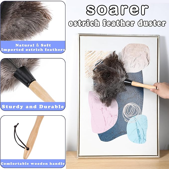 Soarer Ostrich Feather Duster - 14 inches Fluffy Handle Reusable Feather Duster 2pcs Cleaning Brush for Cleaning Supplies,Ceiling Fan, Crafts, Blinds, Furniture
