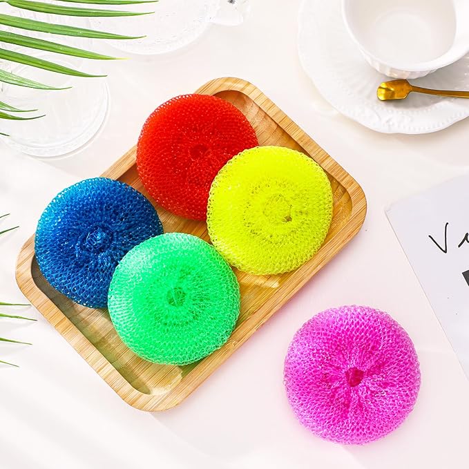 Uiifan 50 Pcs Plastic Dish Scrubbers for Dishes Nylon Dish Scrubber Plastic Pot Round Non Scratch Mesh Pot Scrubber Pads for Kitchen Household Cleaning, 5 Colors