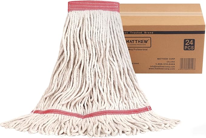 MATTHEW CLEANING Heavy Duty Mop Head Commercial Replacement for General and Floor Cleaning, Wet Industrial Blue Cotton Looped End String Head Refill (Case of 24) White