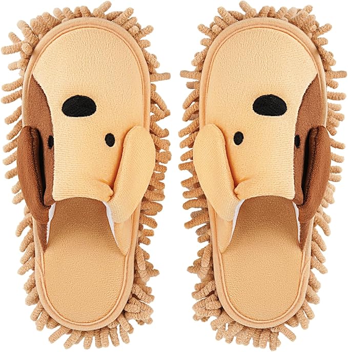 Cartoon Dog Mop Slippers Microfiber Clean Dusting Slippers Detachable Mopping Shoes for Office Home Room (Khaki)