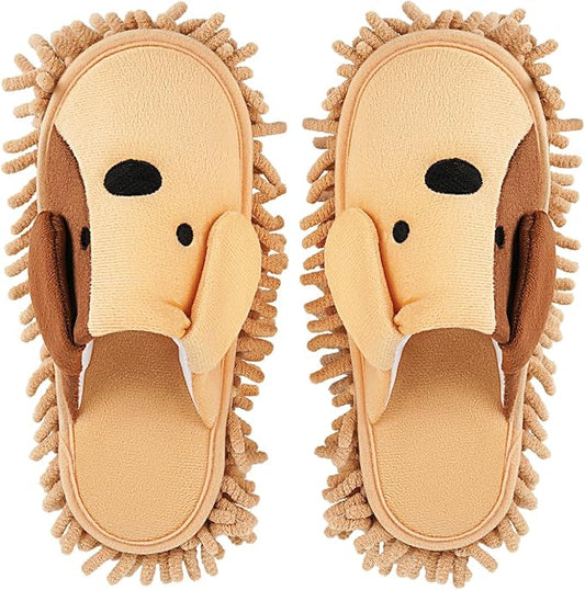 Cartoon Dog Mop Slippers Microfiber Clean Dusting Slippers Detachable Mopping Shoes for Office Home Room (Khaki)
