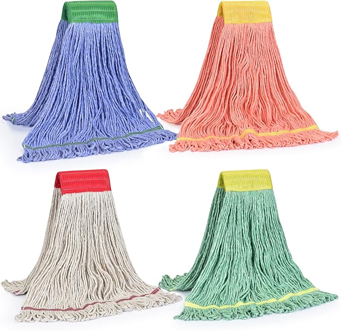 Matthew Cleaning Heavy Duty Mop Head Replacement, 5 Inch Wide Headband, Color Coded Looped End Cotton String Wet Mops for Floor Cleaning, Medium Size 18 oz, 4 Pack