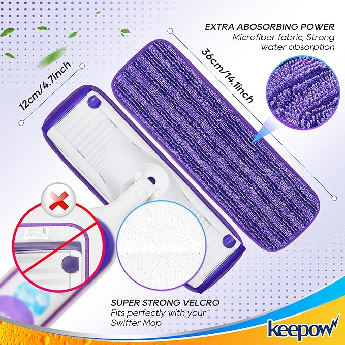 KEEPOW Reusable Power Mop Refill Pads for Swiffer Power Mop, Powermop Mopping Pad Refills for Wood Floor Cleaning, Machine Washable Microfiber Mop Pads for Wet and Dry Use, 2 Pack