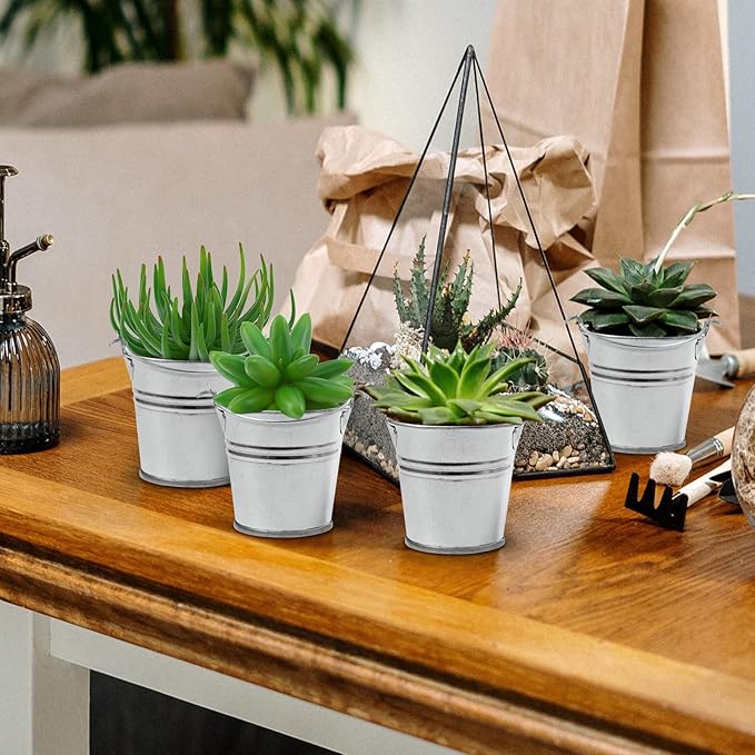 2.1" Galvanized Mini Tin Buckets – 24Pcs Silver Metal Buckets with Handle Best for Party Favors, Bridal Shower and Craft Projects (Silver, 2.1")