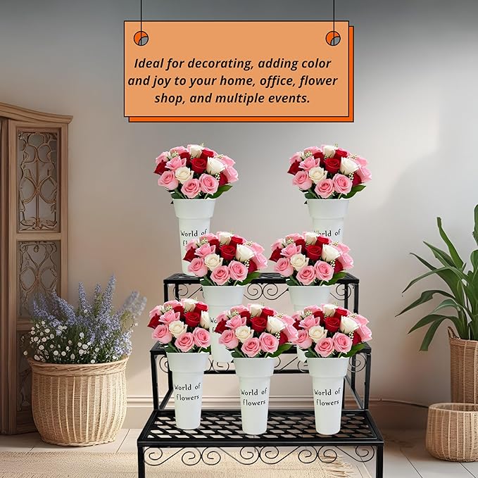 VITAGIR. Set of 6 Buckets for Cut Flowers in Plastic White Matte Color 14 Inch, Flower Buckets for Flower Bar Ideal for Displaying Flowers in Florist Shop or as Home.