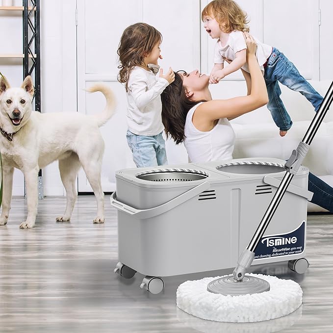 2025 Upgraded Mop Bucket Separate Dirty Water, Hands-Free Floor Cleaning System with 360° Wheels, Wet Dry Mop for Hardwood, Tile & Laminate Floors, 61" Handle & 6 Mop Heads - Grey