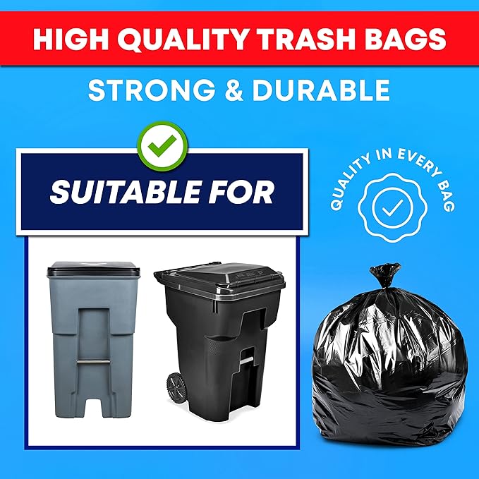 Tasker 64 Gallon Trash Bags Heavy Duty (Value-PACK 50 Bags w/Ties) 64 Gallon Trash Bags | 65 Gallon Trash Bag Heavy Duty Large Black Industrial Garbage Bags | 60 Gallon Garbage Bag