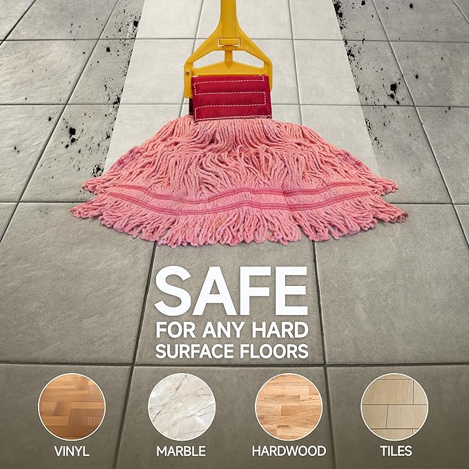 ONESIMUS 30 oz Pack of 3 Cleaning Heavy Duty Industrial Commercial Grade Looped-End Mop Head Replacement,6'' Headband Cotton String Wet Mop Head Refills,Machine Washable Red Mop