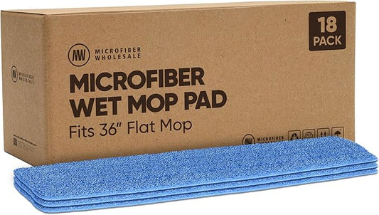 Microfiber Wholesale 36 inch Microfiber Mop Pads - Machine Washable, Reusable, Refills & Replacement Wet Mop Heads Compatible with Any Microfiber Flat Mop System (18 Pack)