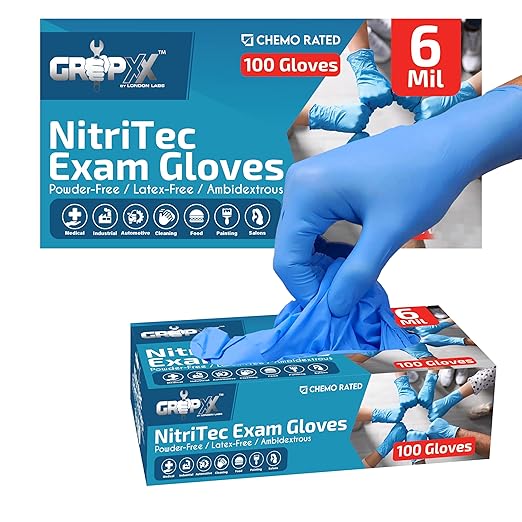 Heavy Duty 6 Mil Blue Nitrile Gloves Disposable Latex & Powder Free -Extra Stretchy Fentanyl Safe |Medical,First Aid Kit,EMT|Food Safe Rubber Gloves for Cooking & Cleaning| Pack of (200)
