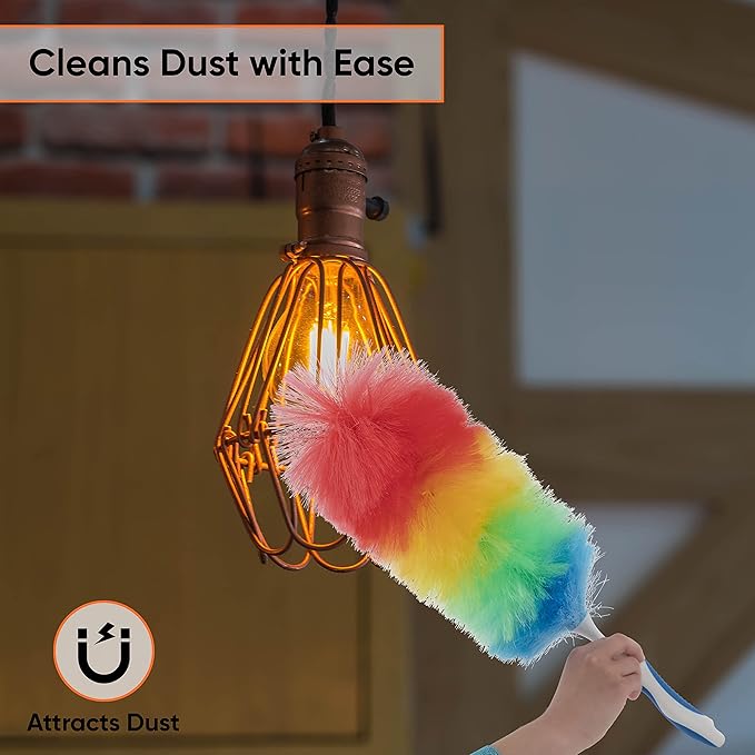 Superio Rainbow Feather Duster for Cleaning, 2 Pack Plastic Dust Remover with Grip Handle, Great for Homes, Ceilings, Fans, and Furniture
