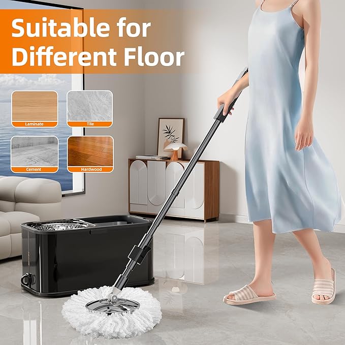 Spin Mop and Bucket with Wringer Set for Home,360° Mop and Bucket with Separate Clean and Dirty Water,Wet Dust Mop for Floor Cleaning with Extra Refills (Black)