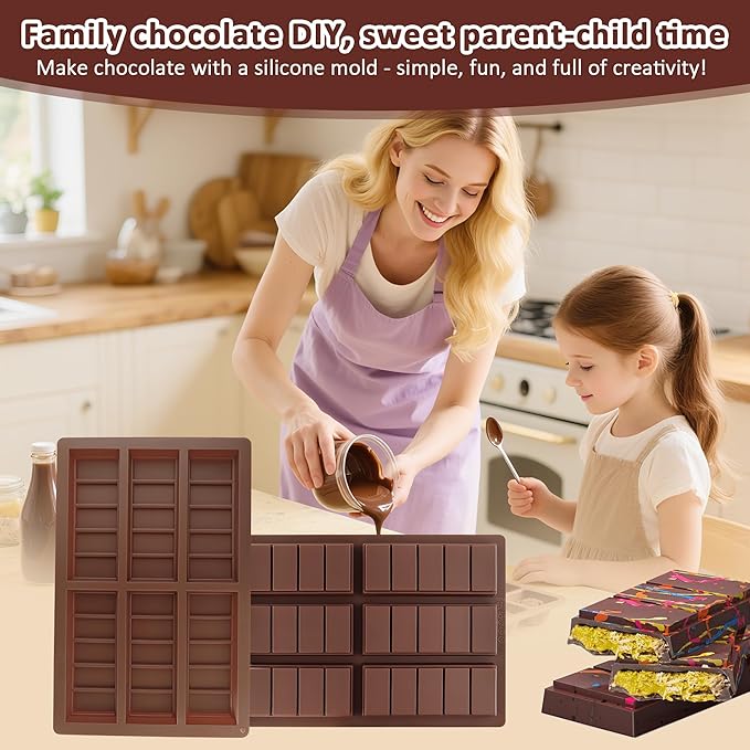 Chocolate Bar Mold - Deep Non-Stick Silicone Chocolate Molds for Homemade Dubai Pistachio Chocolate, Candy, Snacks, and Protein Bars (Reusable, Break Apart Design)