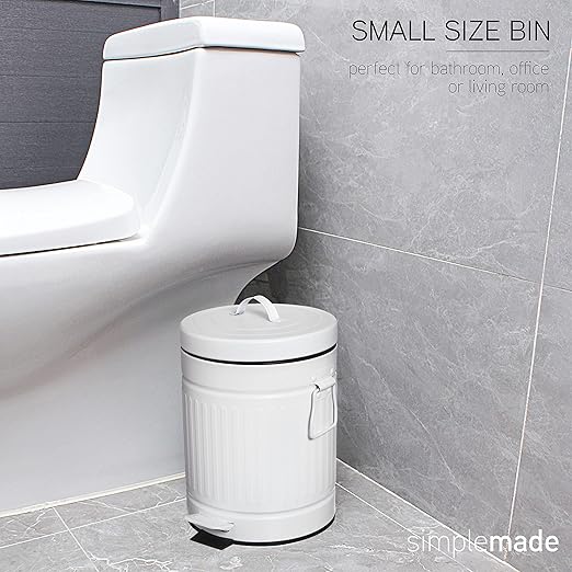 SIMPLEMADE Round Step Trash Can - 5 Liter / 1.3 Gallon - Stainless Steel Bathroom Wastebasket, Small Metal Can with Lid, White
