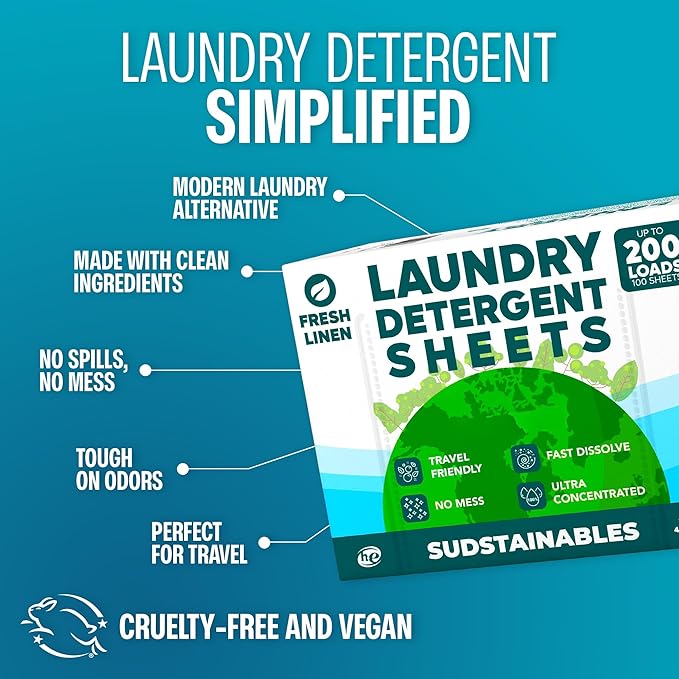 Sudstainables Laundry Detergent Sheets 200 Loads – Dissolvable Laundry Sheet for Washing Machines, Compact Alternative to Liquid & Powder Detergent, Travel-Friendly Soap | Fresh Linen