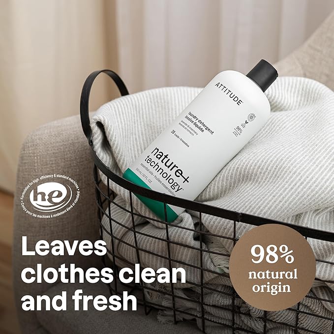 ATTITUDE Laundry Detergent Liquid, Natural Origin Ingredients, EWG Verified, High Efficiency (HE), Infused with Essential Oils, For White and Colored Clothing, Lavender & Rosemary, 38 Loads, 32 Fl Oz