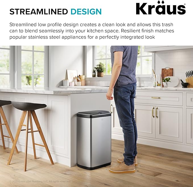 Kraus GarbagePro Rectangular 13 Gallon Hands-Free Motion Sensor Trash Can Battery Operated in Fingerprint Resistant Stainless Steel Finish with SoftShut Touchless Lid, KTCS-10SS