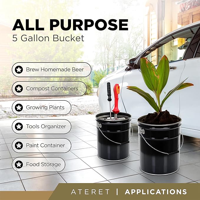 ATERET 5 Gallon Black Metal Bucket, Heavy Duty Durable Steel Open Head Pail with Handle for Outdoor and Household Use (12 Pack - Bucket Only)