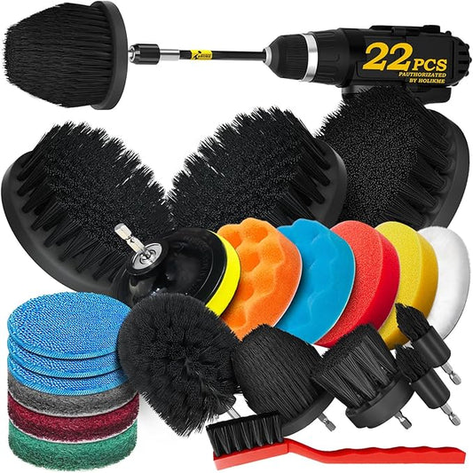 Holikme 22Pack Drill Brush Attachments Set, Scrub Pads & Sponge, Buffing Pads, Power Scrubber Brush, Car Polishing Pad Kit,Wax Applicator Pad,Car Cleaning Kit，Cleaning Supplies，Masonry Brushes,Black