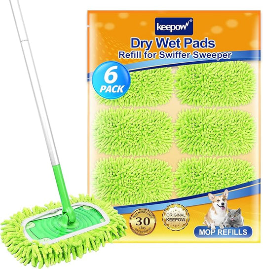 KEEPOW Reusable Microfiber Mop Pads Compatible with Swiffer Sweeper & Mop Deluxe 2-in-1, Wet & Dry Mopping Cloths for All Floors, Compatible with Swiffer Dry Sweeping Cloths for Cleaning (6 Pack)