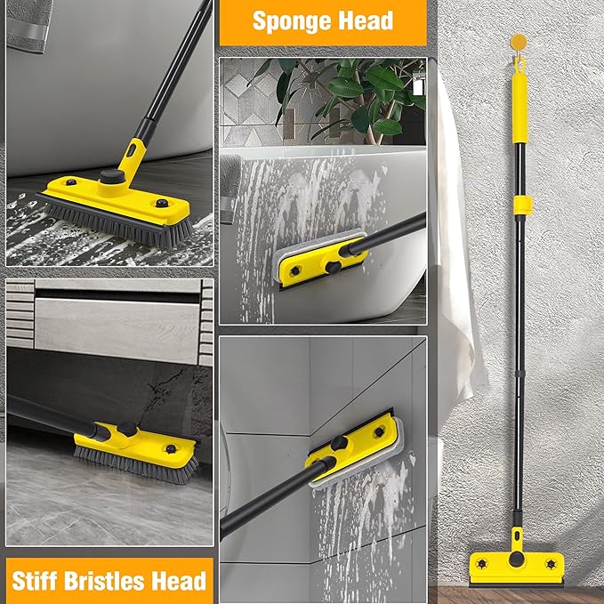 JEHONN Shower Cleaning Brush, 53.5 inches Long Handle Scrubbing Brush, 3-in-1 Bathroom Tub Tile Scrubber Mop with Squeegee for Bathtub Sink Tile Floor Wall Glass Deck (Yellow)