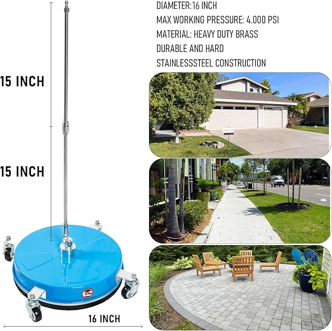 16" Pressure Washer Surface Cleaner with 4 Wheels, Coated Blue Stainless Steel Power Washer Surface Cleaner for Driveway Sidewalk Patio, 1/4" Quick Connector, 2 Extension Wand, 4000 PSI