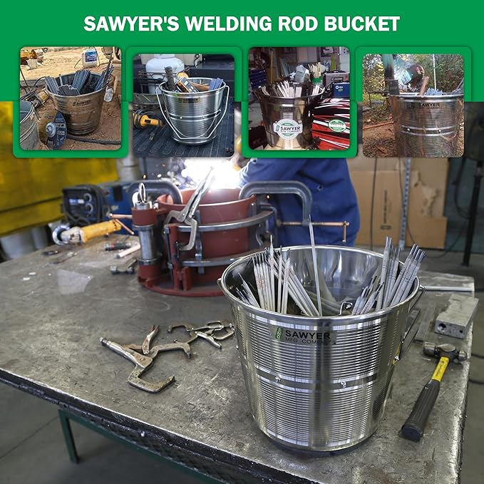 Sawyer’s Stainless Steel Welding Rod Bucket - 4.5 Gal Metal Pail with Partitioned Storage for Electrodes & Stubs, Holds 500+ lbs, Portable Handle, Durable Design for Tools & Storage