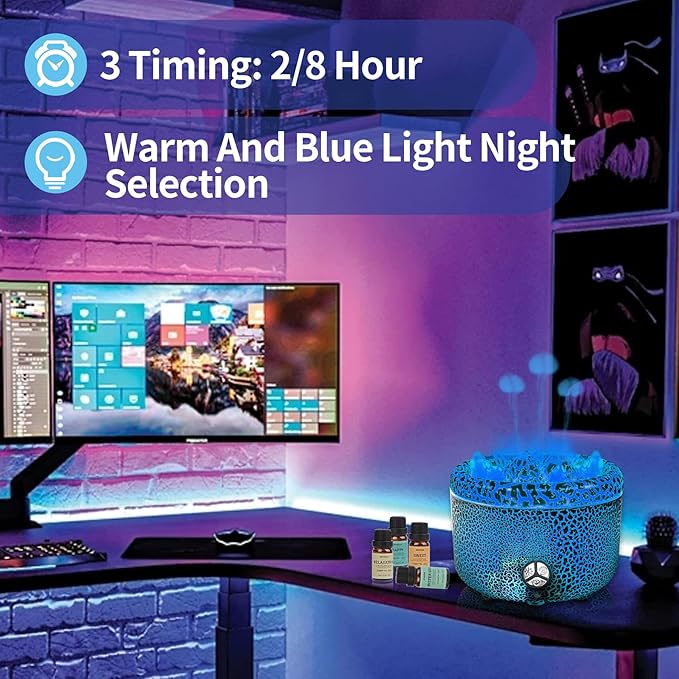 BOHOFAM Essential Oil Diffuser 500ML,Volcano and Flame Diffuser/Humidifier 2 Mode,Three Volcanic Vent Diffusers for Home,Included 4 Hotel Collection Diffuser Oil for Bedroom(Gray Crack)